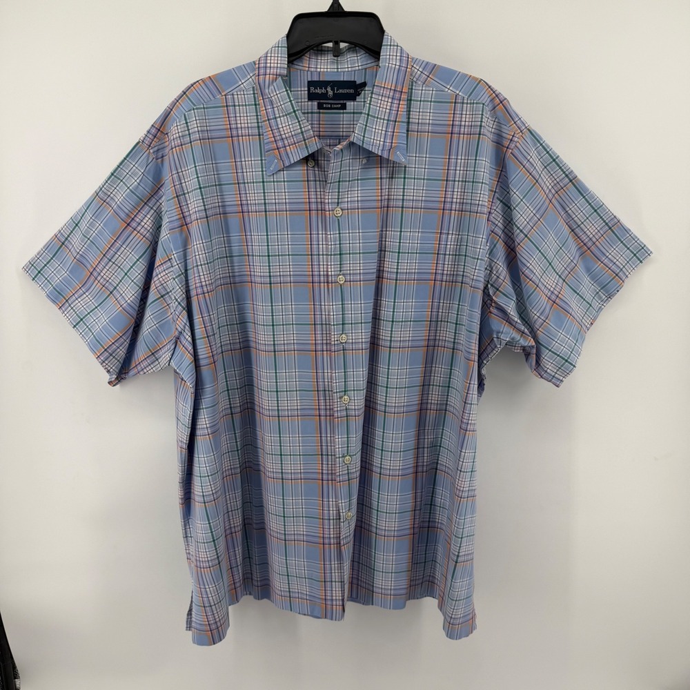 Ralph‎ Lauren Bob Camp Mens 1XL Plaid Short Sleeve Button Up Shirt Blue Orange